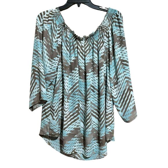 Chicos Top Womens Extra Large XL Multicolor Artsy Print Smocked Neck Blouse - Picture 1 of 9